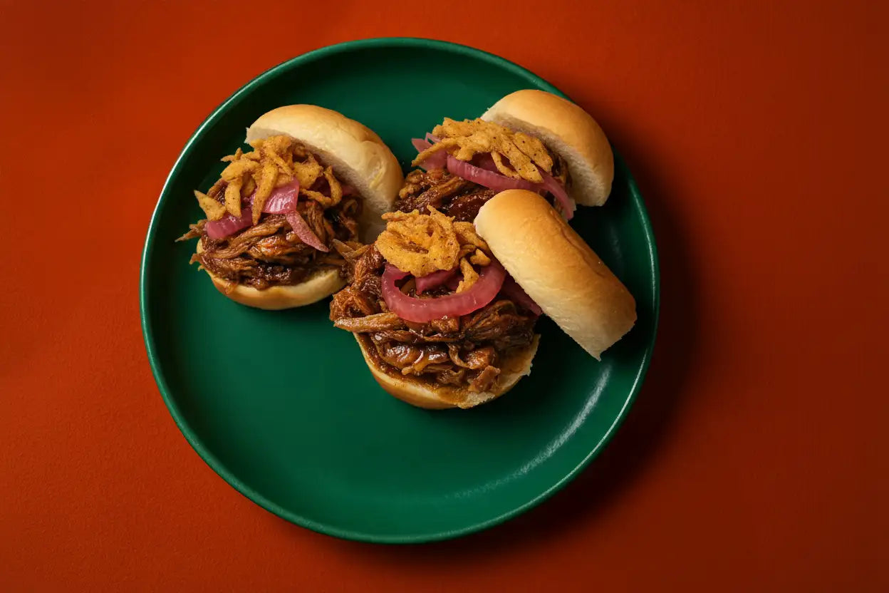 Three southern pulled pork sliders topped with crispy fried onions and sliced red onions served on a green plate