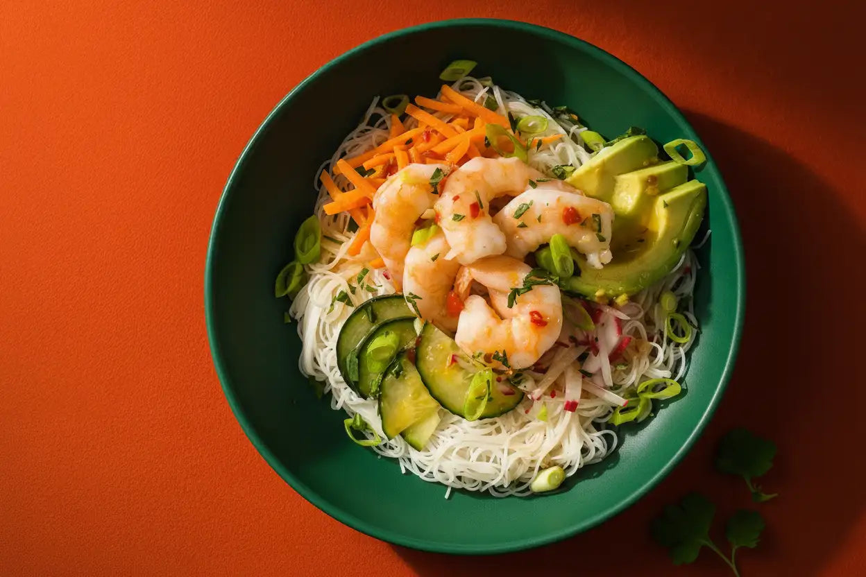 A vibrant green bowl filled with vietnamese shrimp and rice vermicelli noodle salad with avocado carrots and cucumber