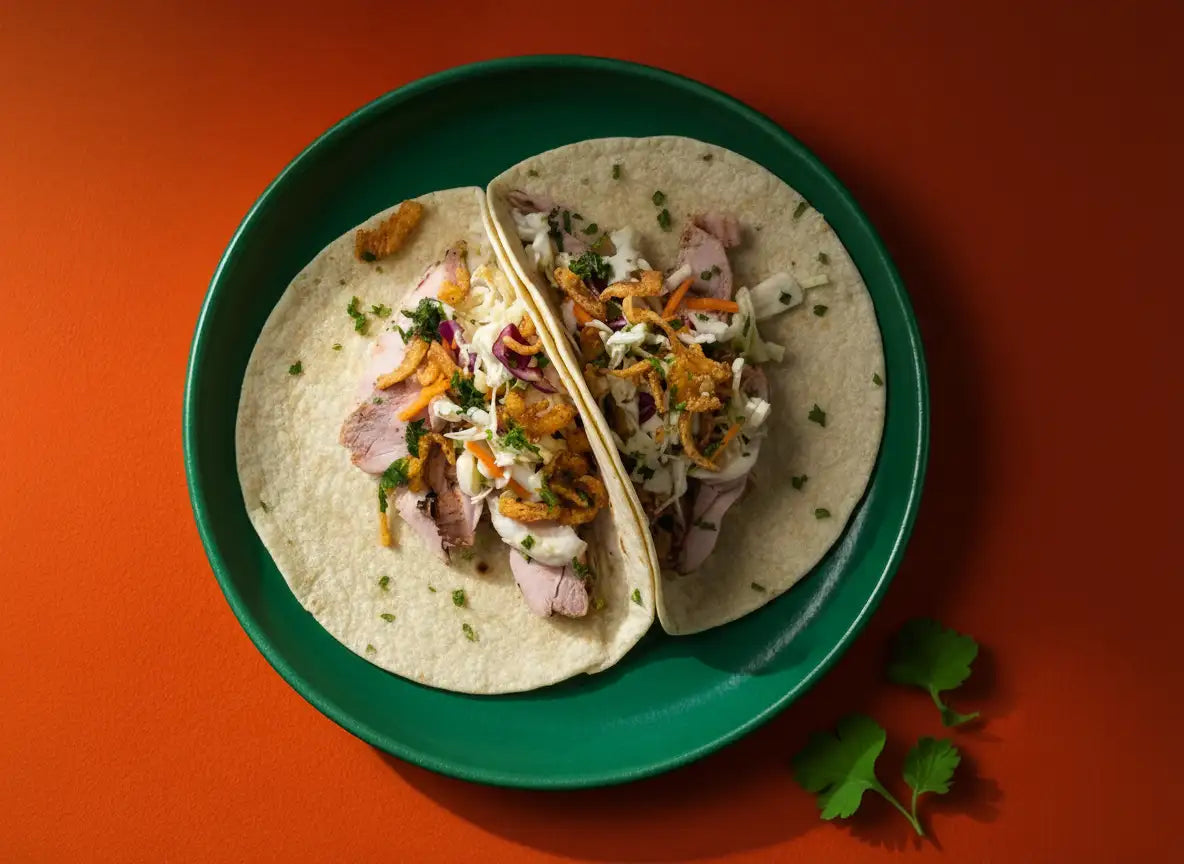 Two soft tortillas filled with sliced meat, shredded cabbage, crispy fried onions, and a creamy sauce, served on a vibrant green plate.