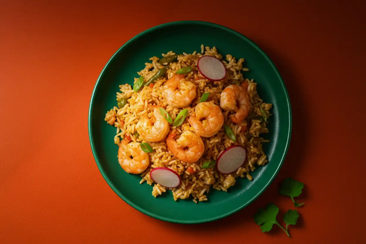 A vibrant green ceramic plate holds a colorful serving of shrimp fried rice garnished with sliced radishes and fresh herbs.